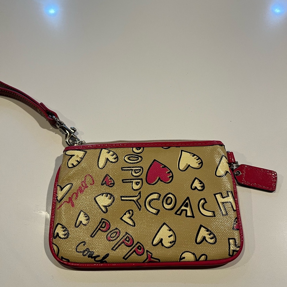 Coach Poppy Heart Print Wristlet in Tan and Red
